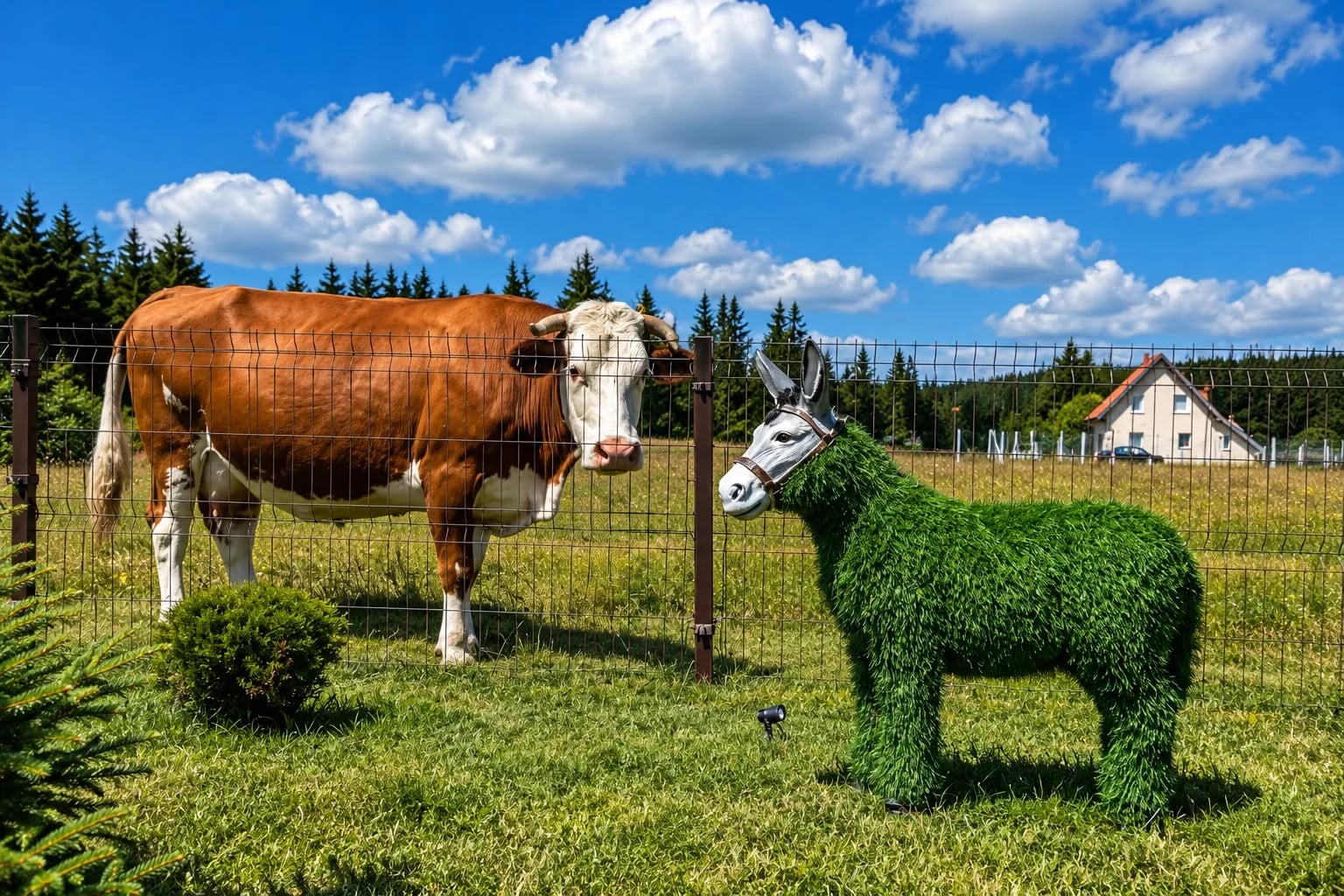 Kuh hinter dem Zaun und dekorative Eselfigur im Garten von Topli Kutak Golija