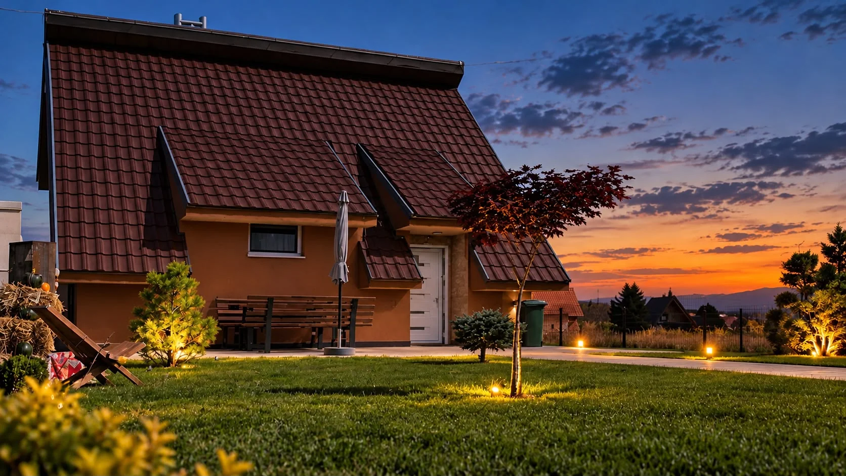 Villa Topli Kutak Golija mit beleuchtetem Garten bei Sonnenuntergang